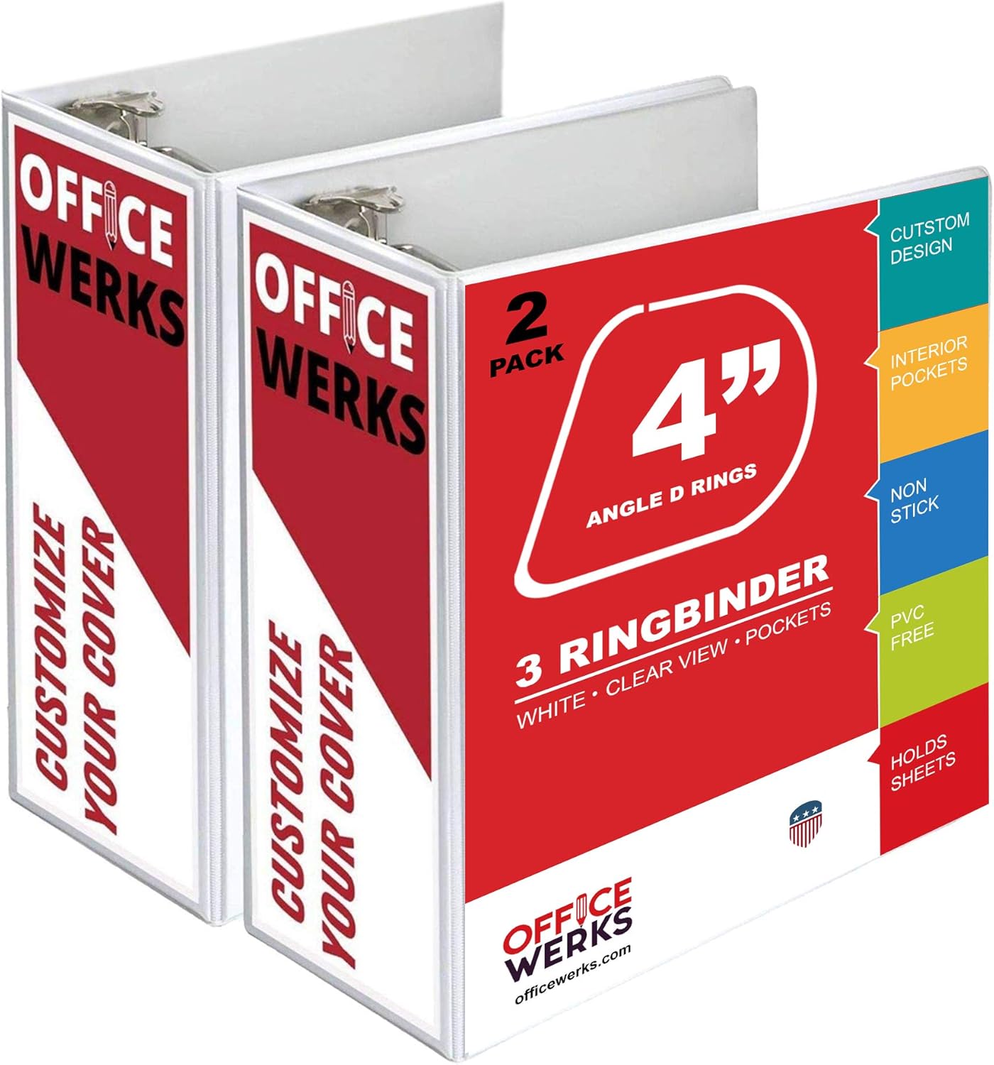 4 inch 3 Ring Binder, Angle D-Rings, White, Clear View, Pockets - 2 Pack
