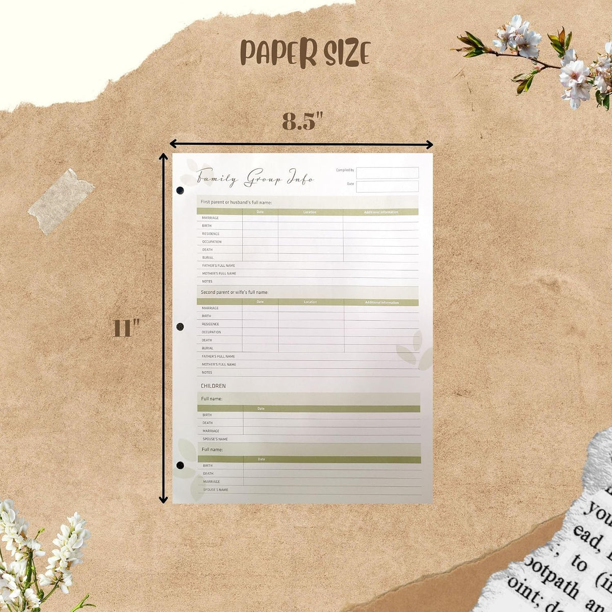 30 Two-Sided Large Family Group Sheets: Comprehensive Ancestral Charts with 3-Hole Punch and Tab Pages, 8.5' x 11' White Premium Matte Paper