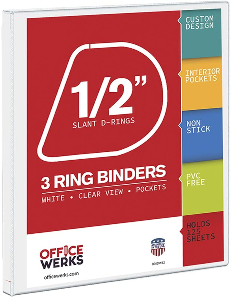 3 Ring Binders, 0.5 Inch Angle D-Rings, White, Clear View, Pockets - 1 Pack