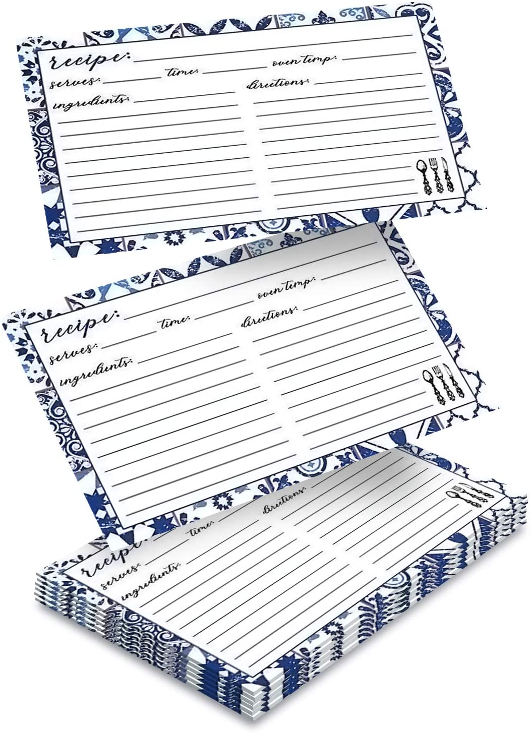 Blue and White Recipe Cards - Pack of 50