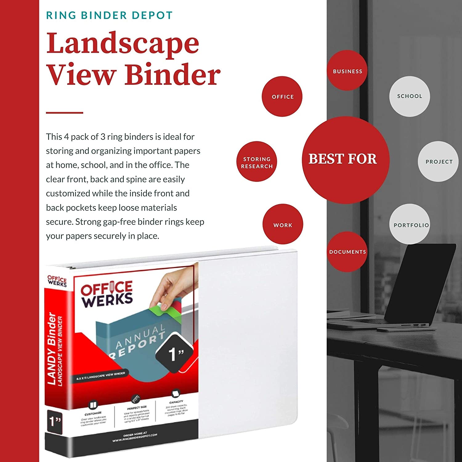 Landscape View Binder, 8.5" X 11", 1 Inch Round Ring, Back Mount, White - Pack of 1