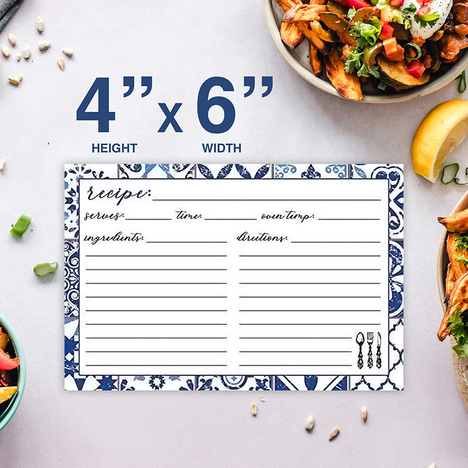 Blue and White Recipe Cards - Pack of 50