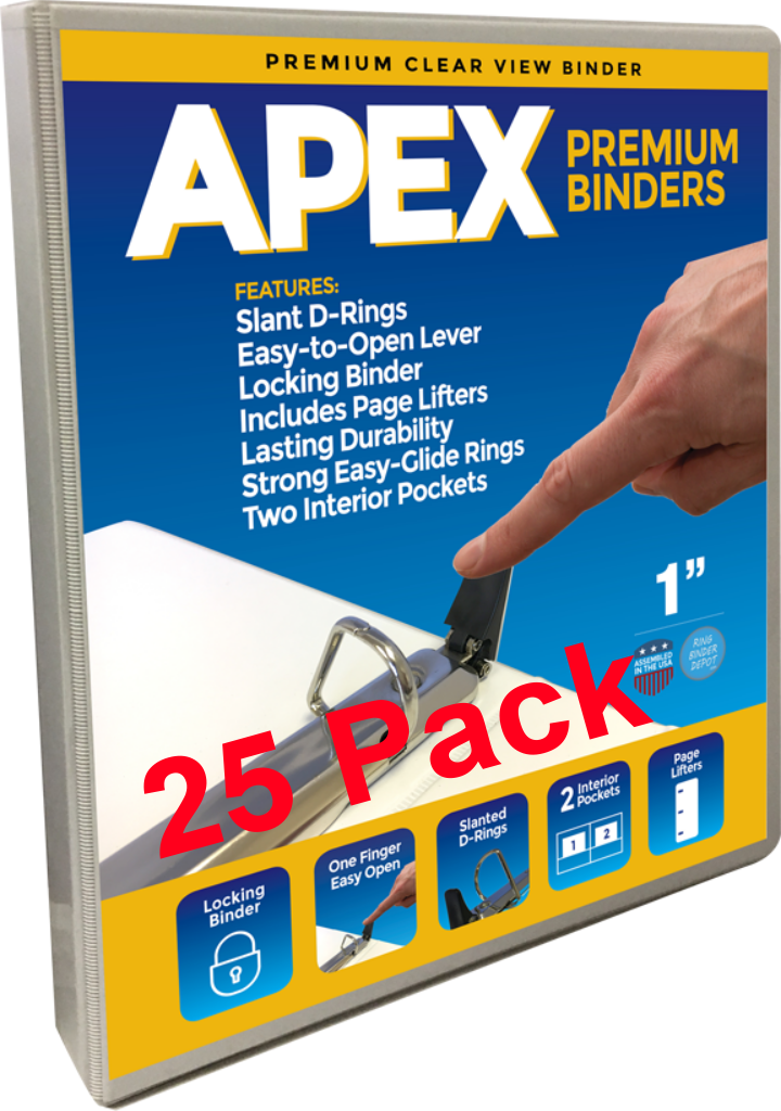 Apex Premium 3 Ring Binders, 1 Inch, White, Clear View Angle D-Rings