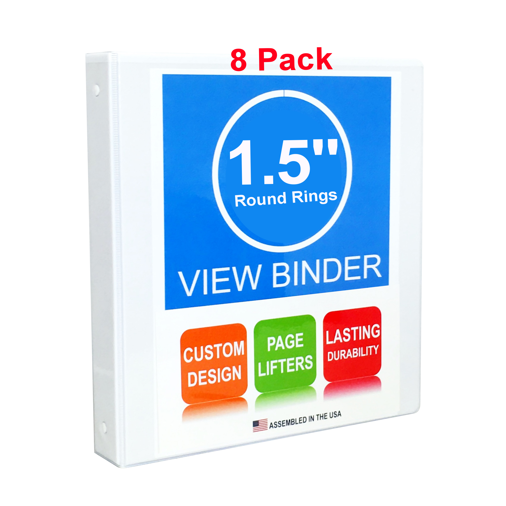 3 Ring Binder, 1.5 Inch, Round Rings, White, Clear View, Pockets, 8 Pack - RingBinderDepot.com