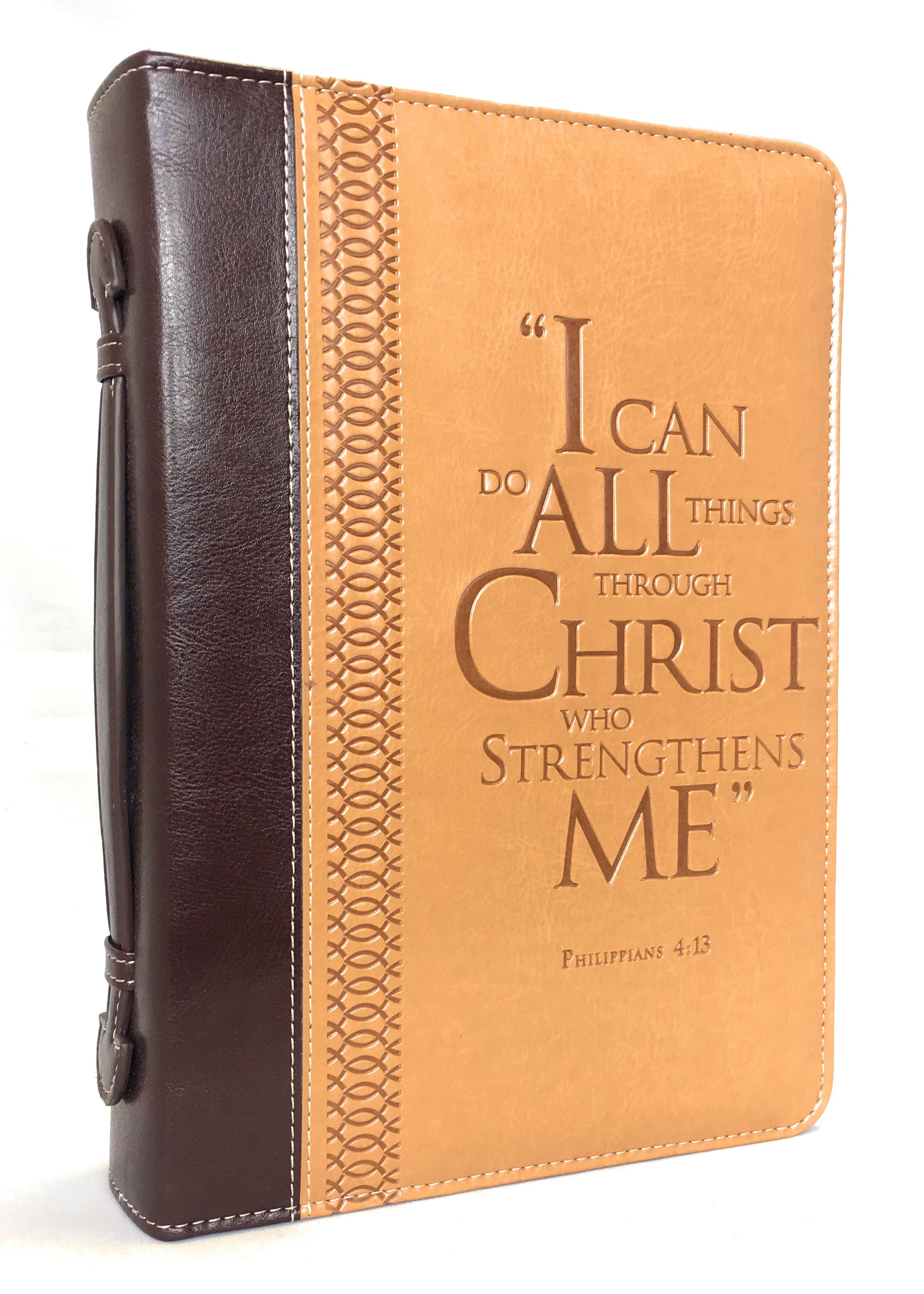Bible Cover – “I Can Do All Things Through Christ” Philippians 4:13 – Large Two-Tone Burgundy/Tan - RingBinderDepot.com
