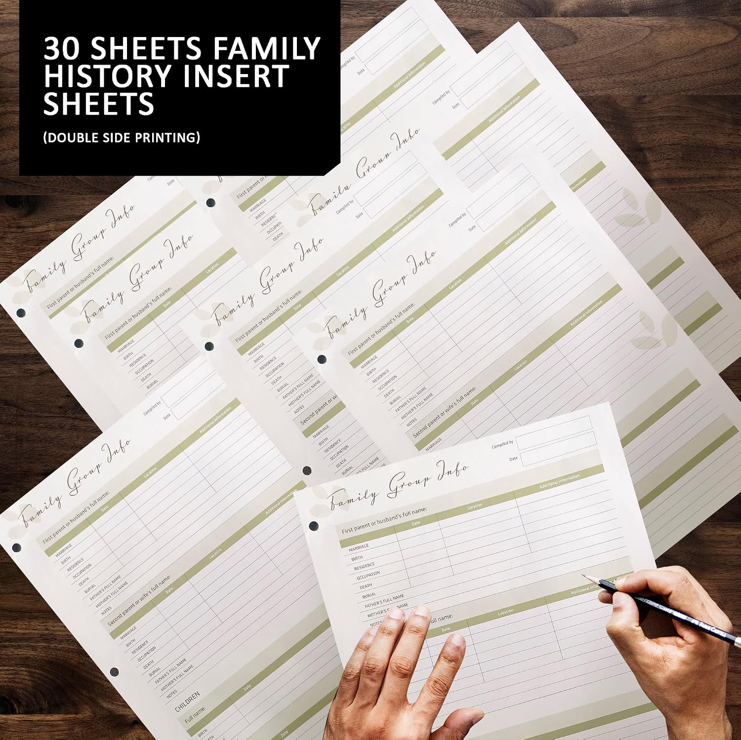 30 Two-Sided Large Family Group Sheets: Comprehensive Ancestral Charts with 3-Hole Punch and Tab Pages, 8.5' x 11' White Premium Matte Paper