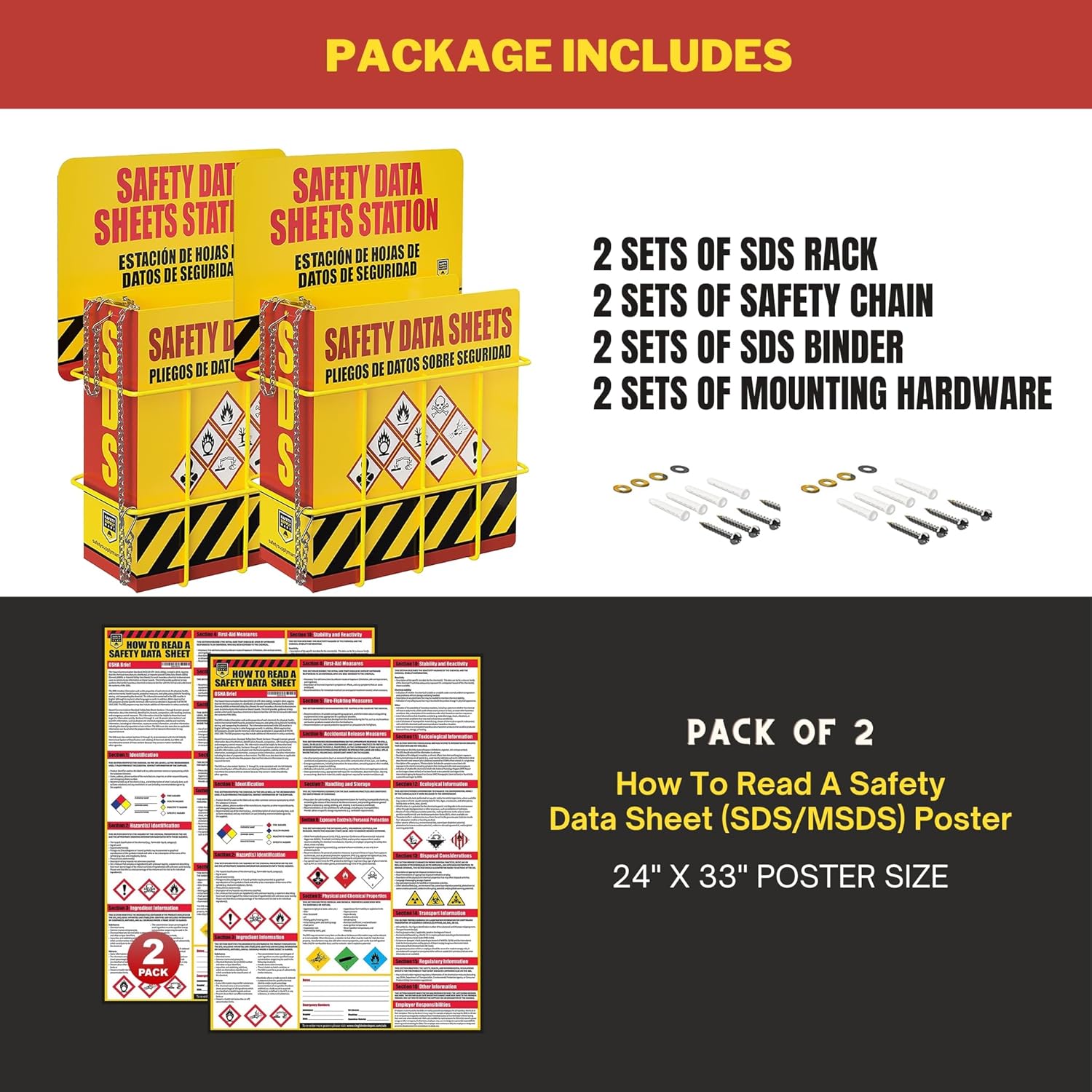 Performore SDS Display Rack -Set with 3 Inch Heavy Duty Ring Binder, Wire Rack, SDS Station Sign, Chain, Mounting Hardware, SDS Poster Included - 2 Pack