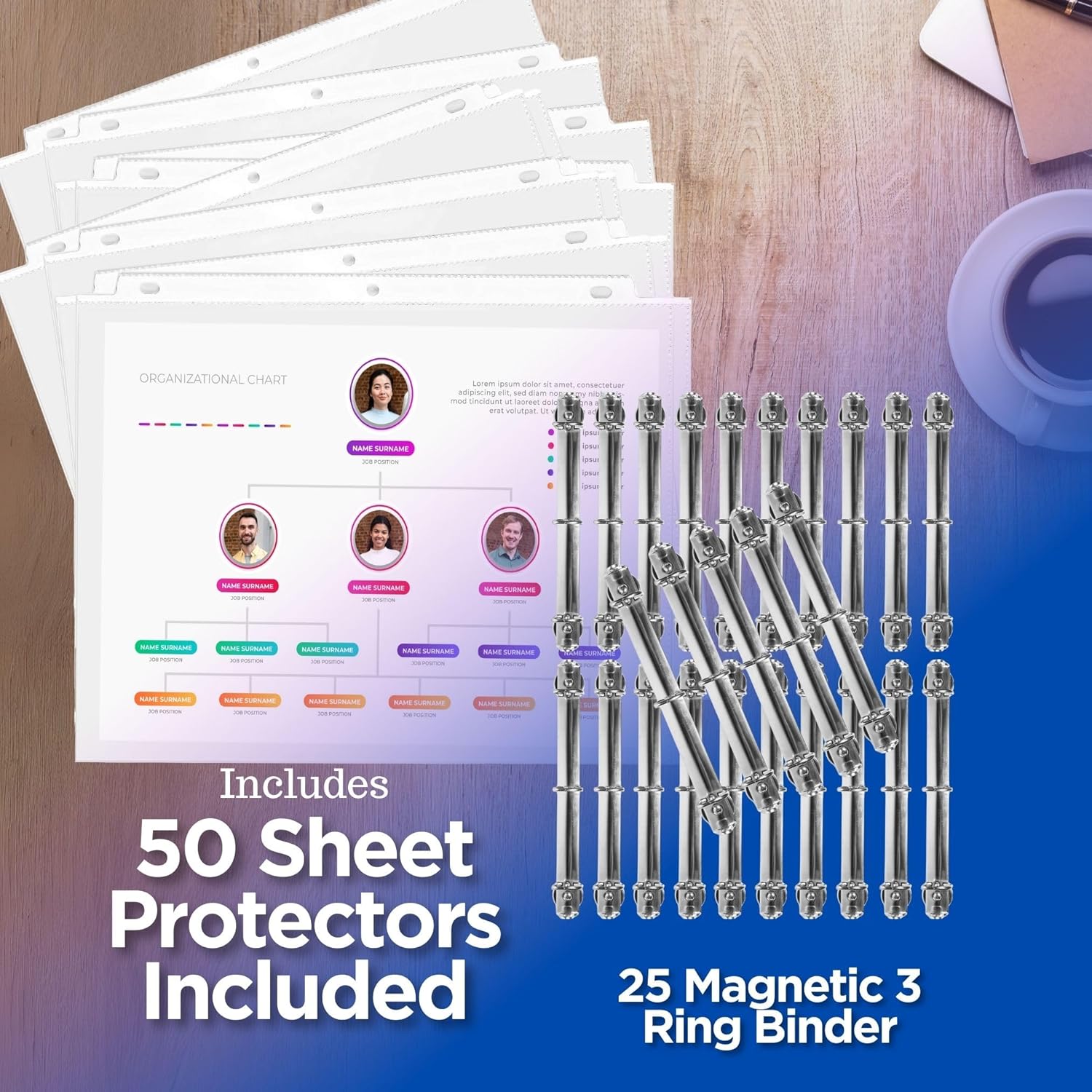 Magnetic 3 Ring Binder Locking Mechanism, 1 inch D Shaped Rings - 50 Sheet Protectors Included