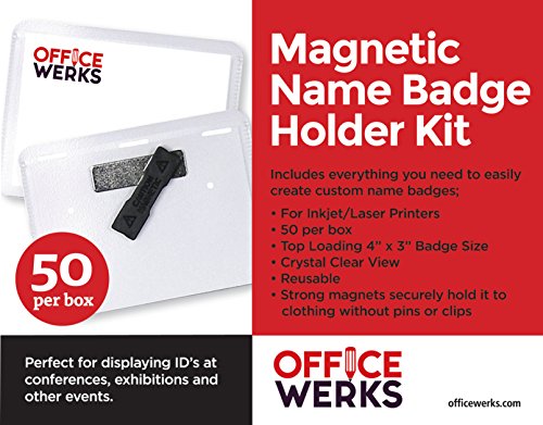 Officewerks Magnetic Name Badge Holder Kit, 4” x 3” Clear Top Loading –