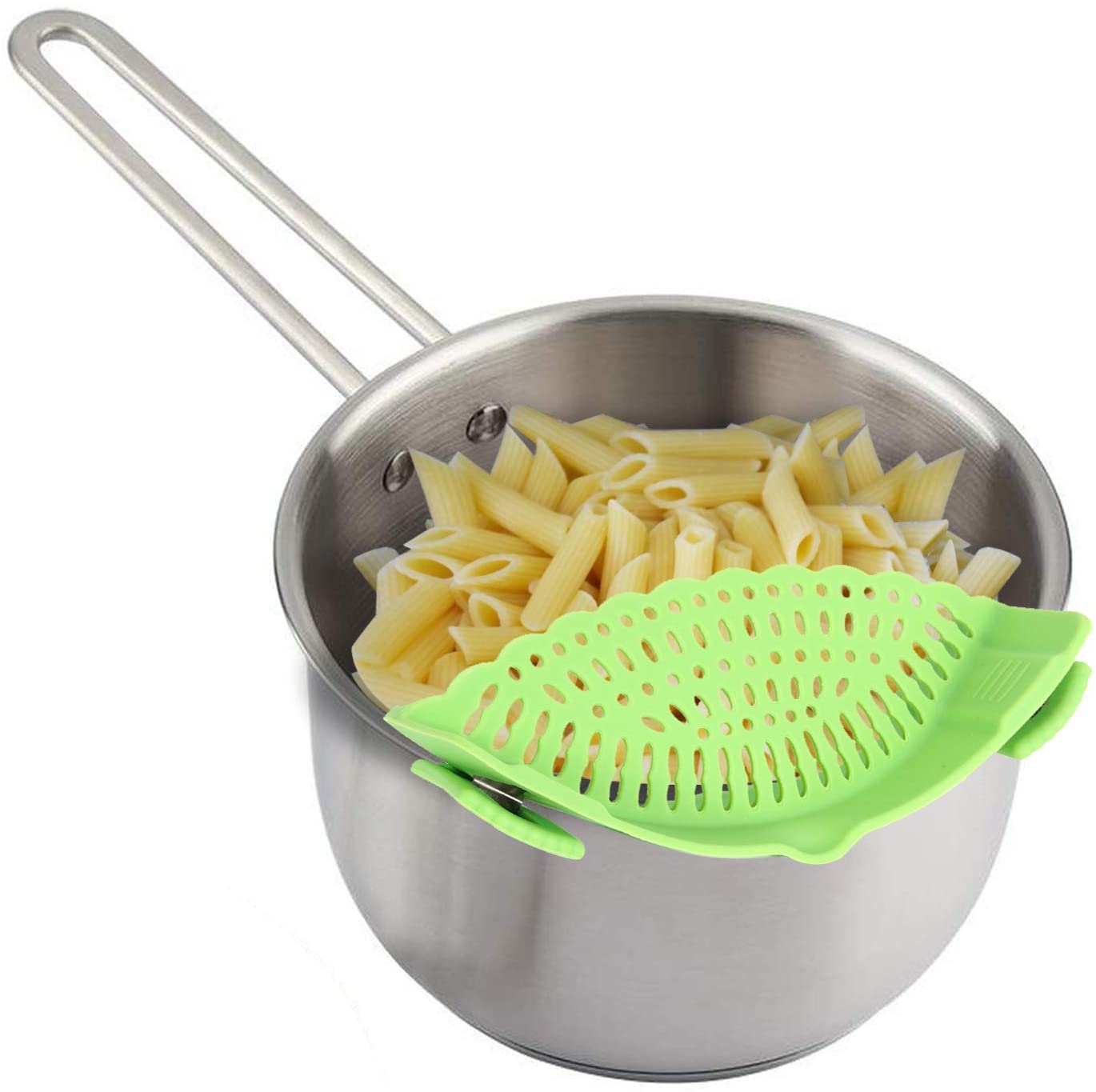 Performore Snap and Strain, Clip on Silicone Colander, Hands-Free Heat Resistant Food Strainer for Pasta Vegetables Noodles Ground Beef, Universal
