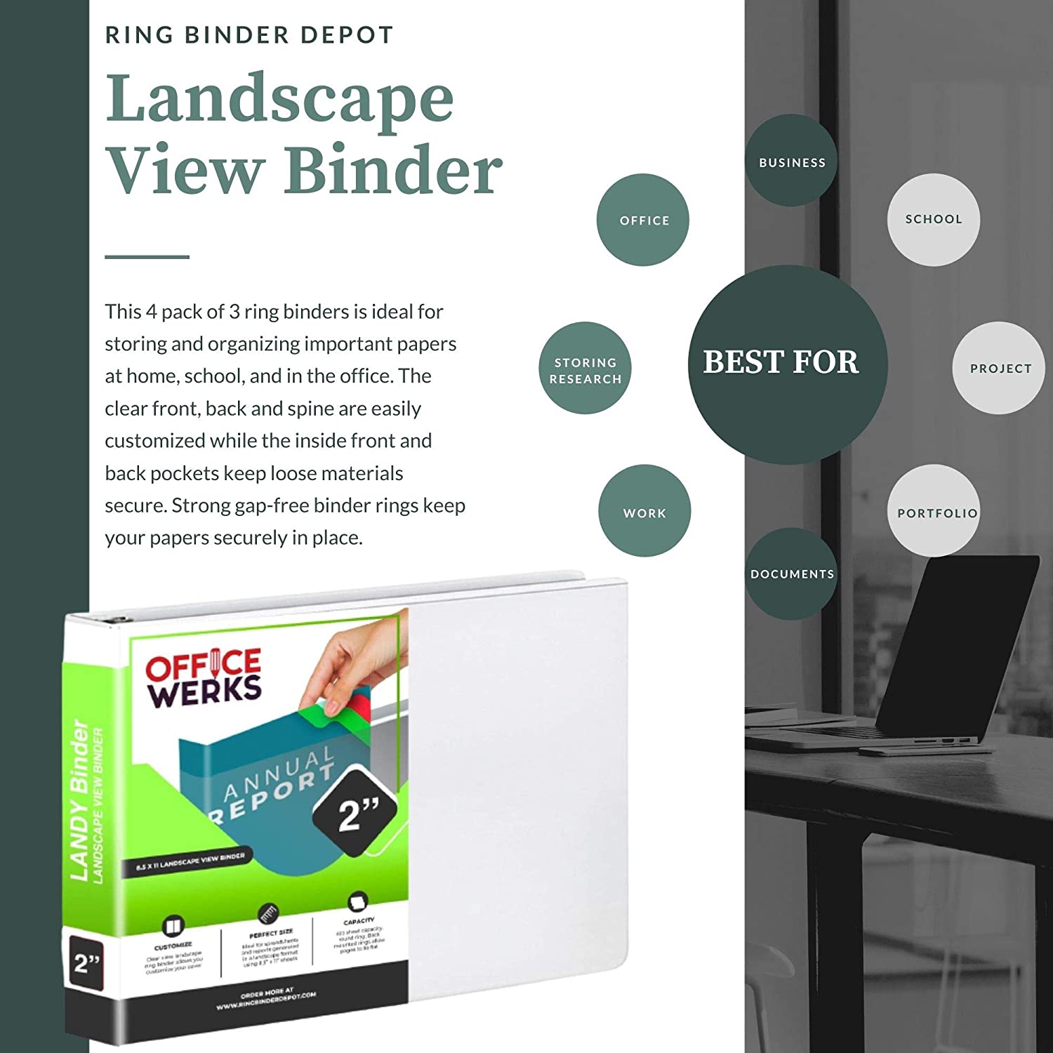 Landscape View Binder, White, 2 inch Round Ring - Pack of 4