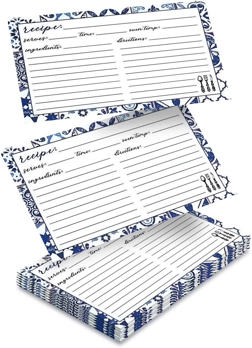 Blue and White  Recipe Cards - Pack of 50