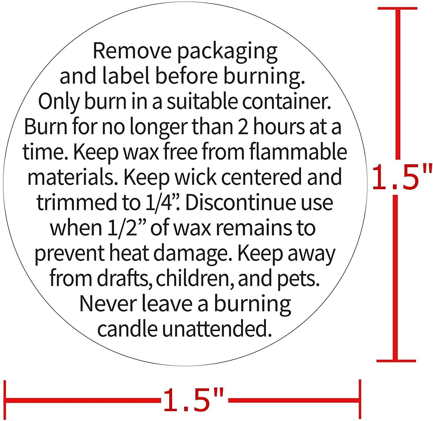Candle Warning Stickers, 1.5 inch Round Label, Sticker Decal for Candle Jars, Tins and Votives - 300 Labels