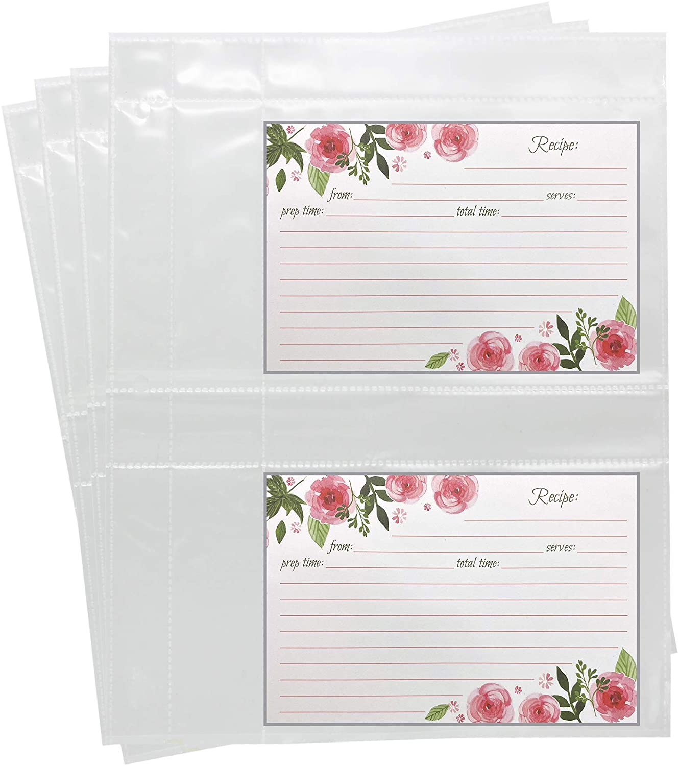 Recipe Card Protectors, For 3 Ring Binders, Page Sheet Protectors, Holds 4 x 6-inch pockets, 4 Cards Per Sheet, Clear - 50 Pack