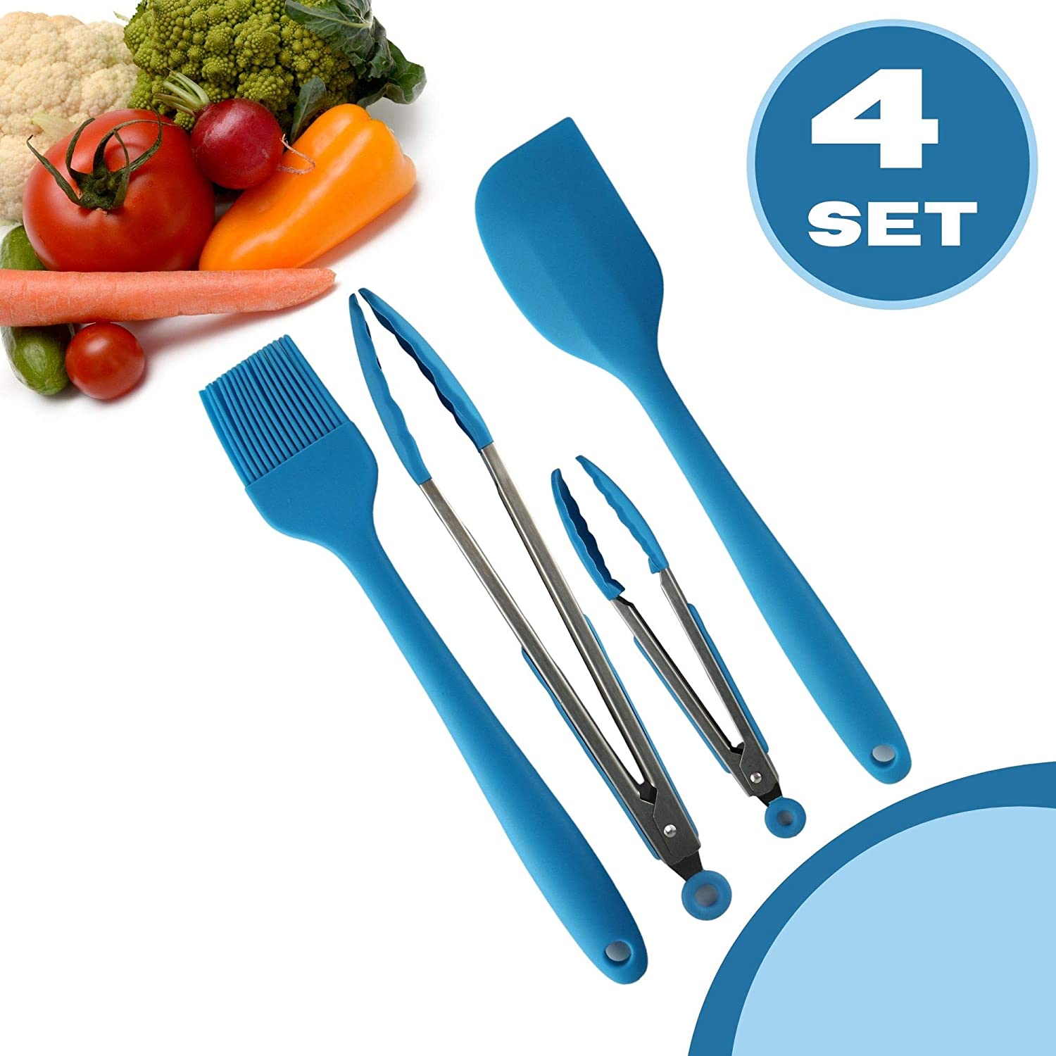 Heavy Duty Silicone Food Basting Brush and Tongs Kitchen Set (4 in 1 Set)