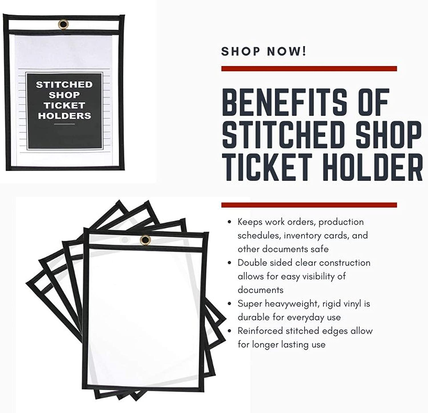 Stitched Shop Ticket Holders, 11 x 17 Inch, 25 Pack, Clear Front and Back
