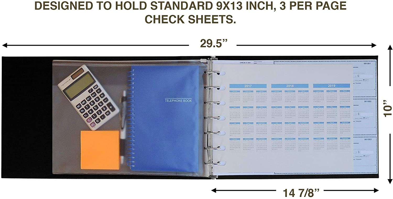 Officewerks Premium Check Binder | 7 Ring w/Zip Pouch and Calendar - 600 Checks Capacity for 9" x 13" Sheets