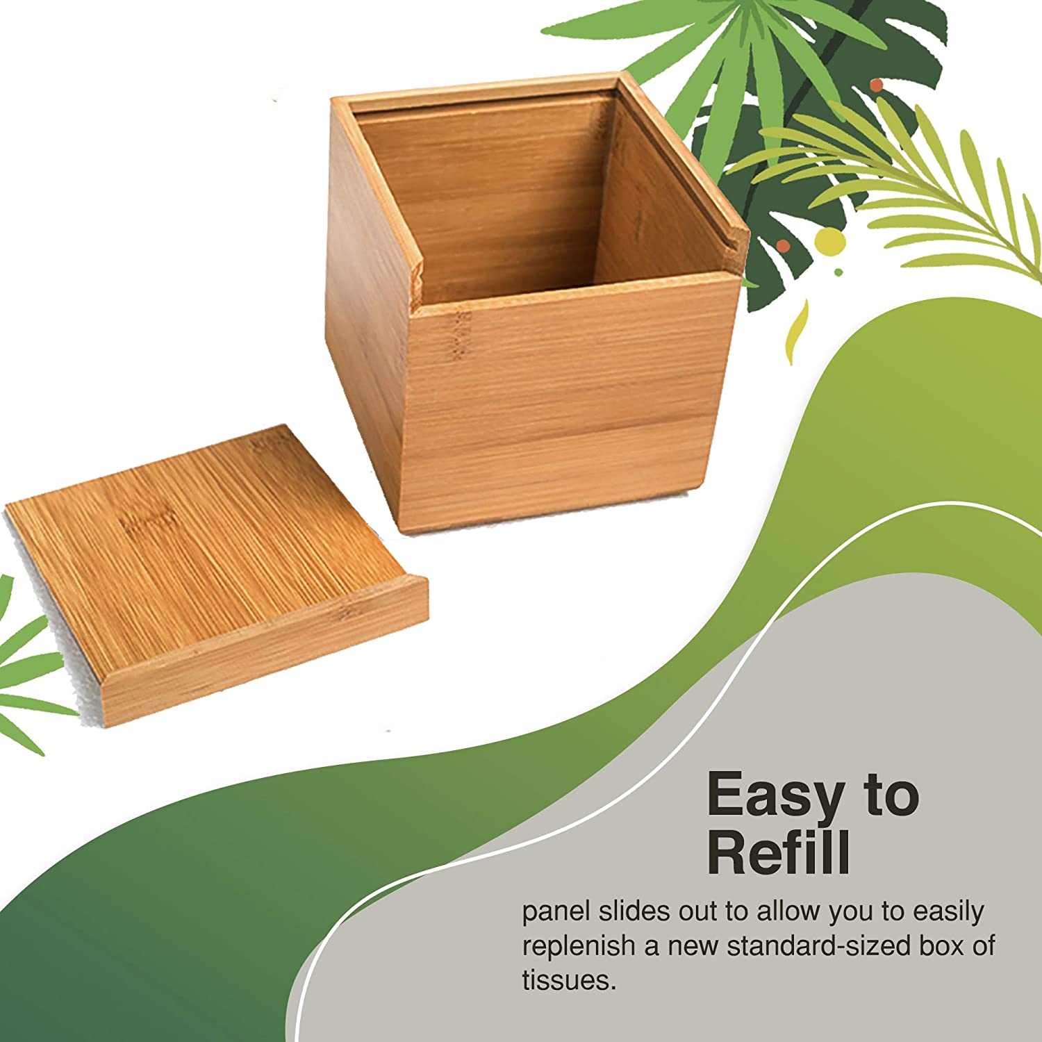 Square Bamboo Tissue Box Cover - Water Resistant - 16 X 14 X 14 cm