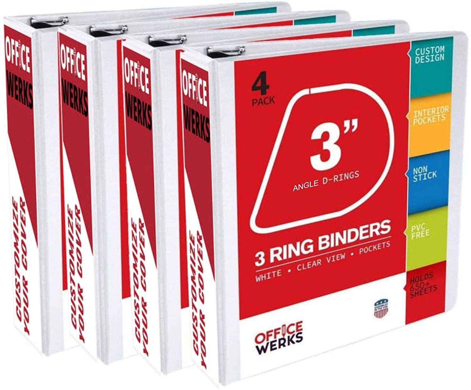 3 Ring Binders, 3 Inch Angle D-Rings, White, 4 Pack, Clear View, Pockets 3 Ring Binders, 3 Inch Angle D-Rings, White, 4 Pack, Clear View, Pockets