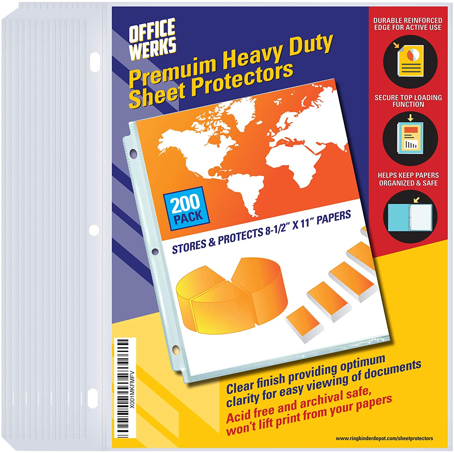 Officewerks Heavy Duty Clear Sheet Protectors 8.5 x 11 inch, 200 Sheet Protectors Pack, Top Load, Reinforced Holes, Acid-Free/Archival Safe