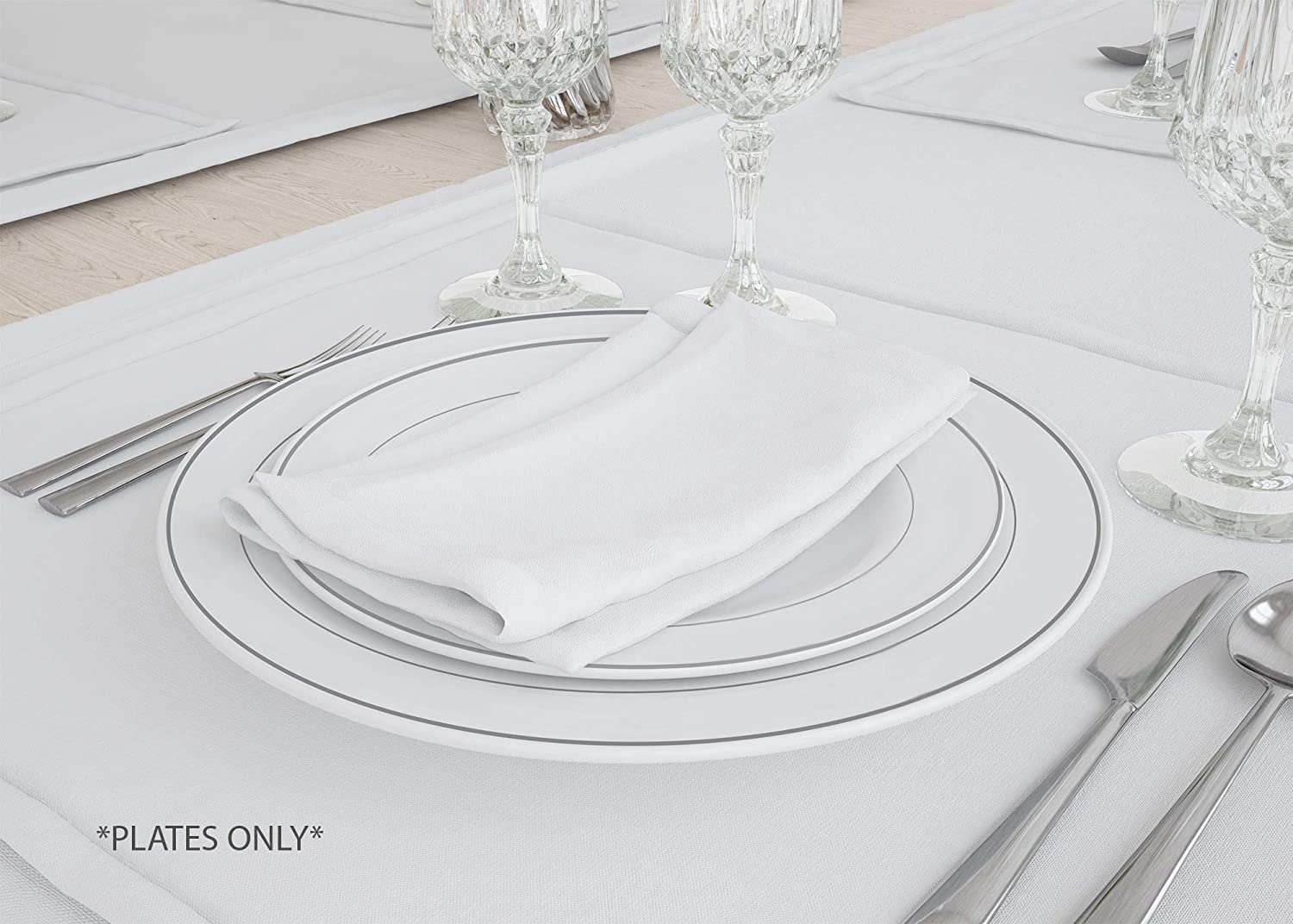 White plastic plates with silver clearance trim