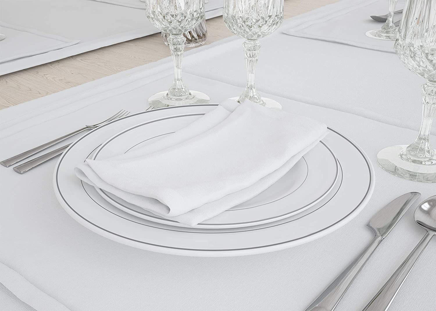 50 Classy Disposable Plastic Plates White Plates, Silver Trim, includes forks, knifes & spoons