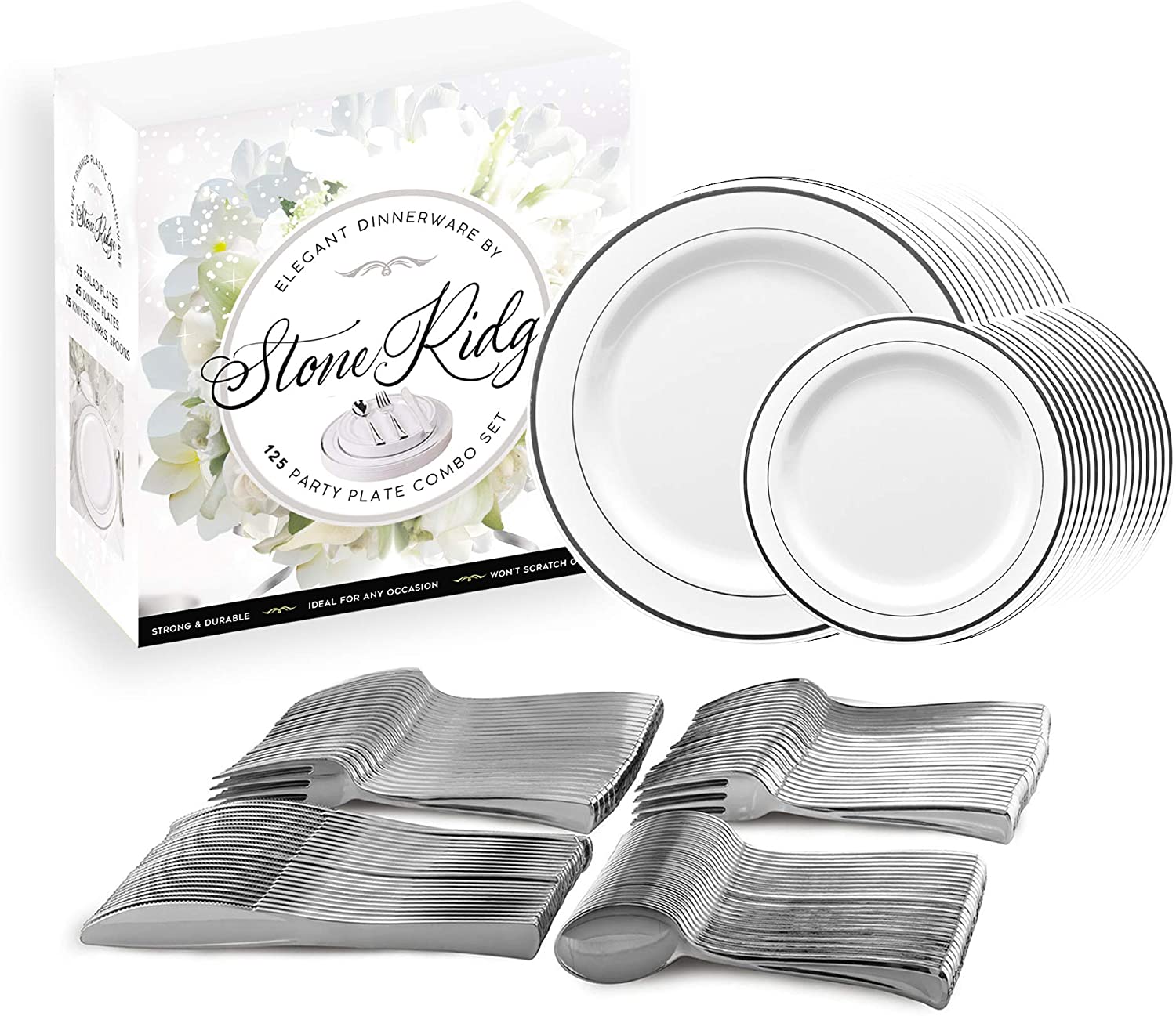 50 Classy Disposable Plastic Plates White Plates, Silver Trim, includes forks, knifes & spoons