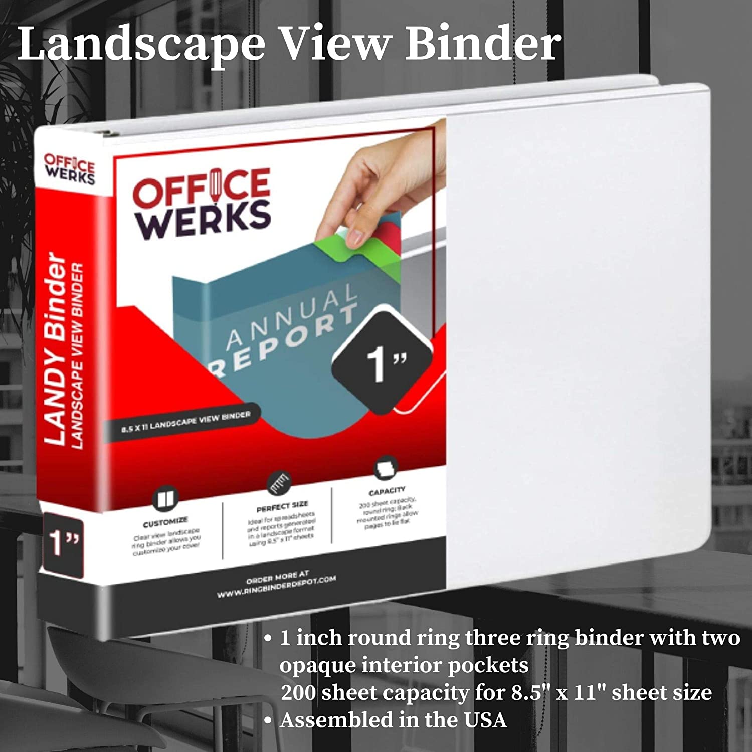 Landscape View Binder, 8.5" X 11", 1 Inch Round Ring, Back Mount, White - Pack of 1