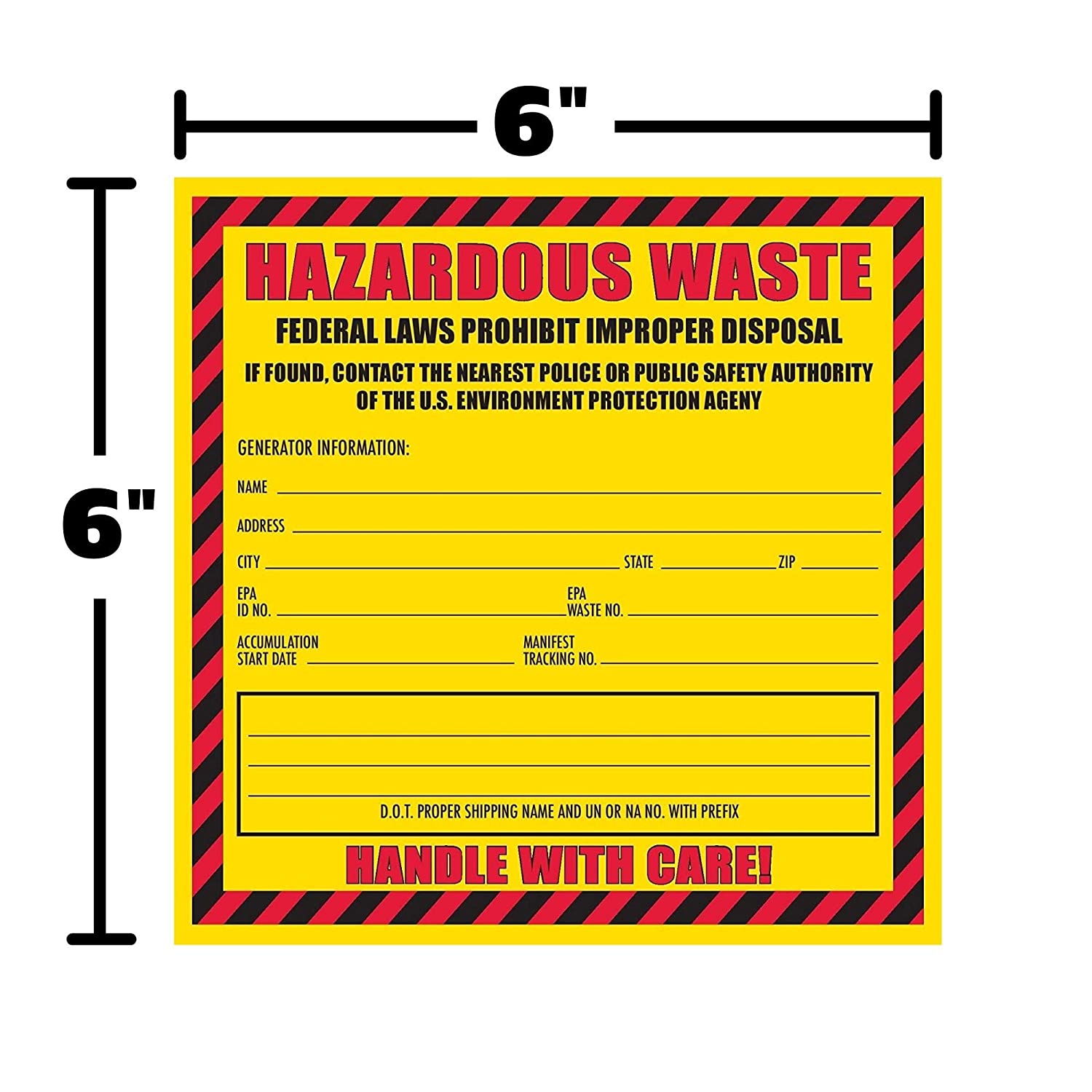 Hazardous Waste Label, 6" x 6", Self-Adhesive