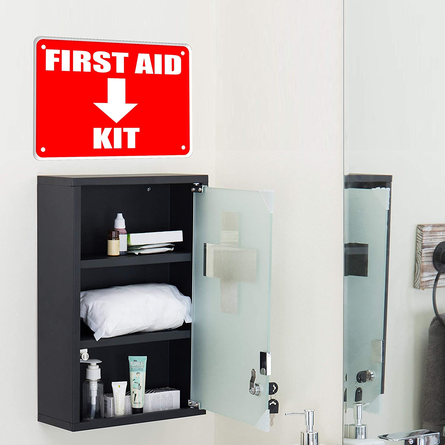 First Aid Kit Sign, Durable Plastic Safety Sign, 7 x 10 Inch, Red on White, for Indoor/Outdoor Use