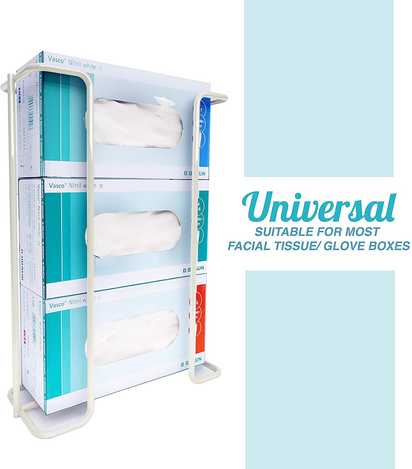 Large Disposable Glove and Facial Tissue Wire Rack- Box Holder, Holds Up to 3 Boxes, with Wall Mounting Accessories Included