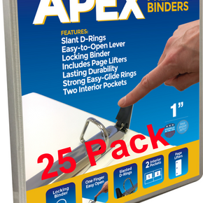Apex Premium 3 Ring Binders, 1 Inch, White, Clear View Slant-D Rings, Pockets, 25 pack - RingBinderDepot.com