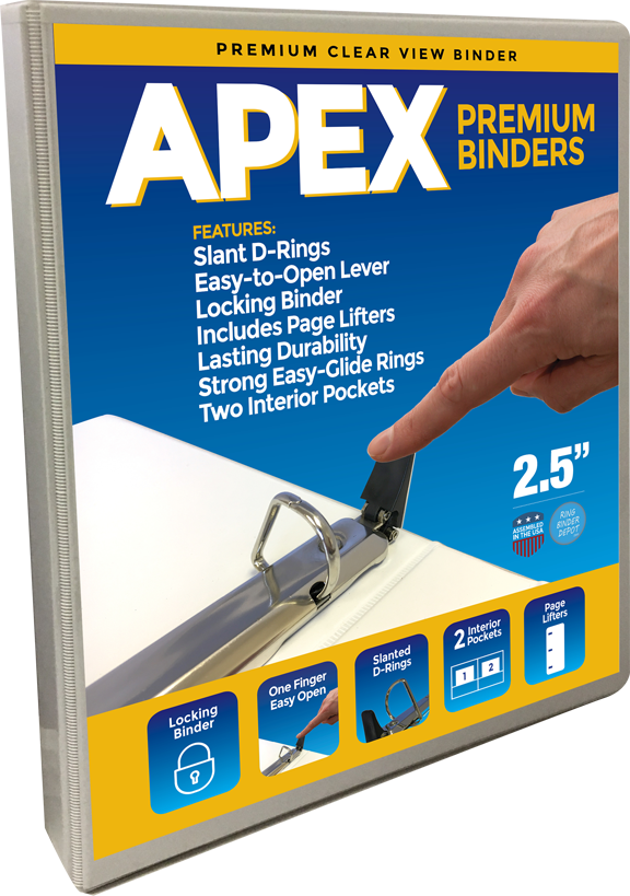 Apex Premium 3 Ring Binders, 2.5 Inch, White, Clear View with Easy Open Slant-D Rings, Pockets - RingBinderDepot.com