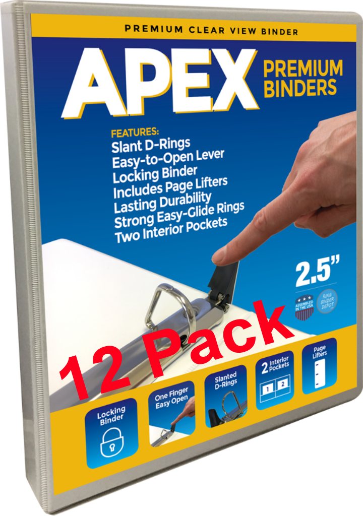 Apex Premium 3 Ring Binders, 2.5 Inch Easy Open Slant-D Rings, White, Clear View, Pockets, 12 Pack - RingBinderDepot.com