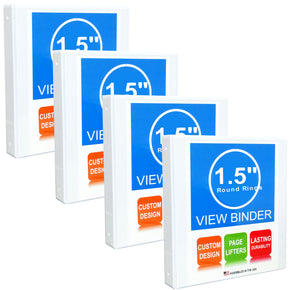 3 Ring Binder, 1.5 Inch Round Rings, White, Clear View, Pockets, 4 Pack - RingBinderDepot.com