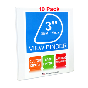 3 Ring Binder, 3 Inch Slant D-Rings, White, Clear View, Pockets, 10 Pack - RingBinderDepot.com