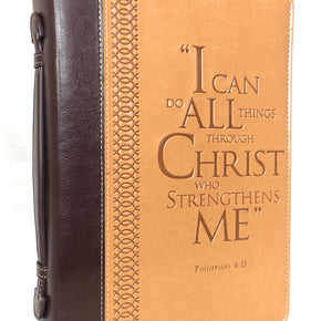 Bible Cover – “I Can Do All Things Through Christ” Philippians 4:13 – Large Two-Tone Burgundy/Tan - RingBinderDepot.com