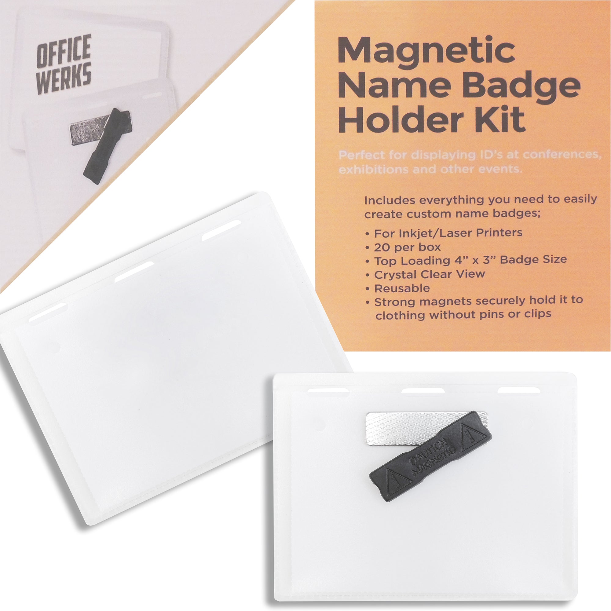 Officewerks Magnetic Name Badge Holder Kit, 4” x 3” Clear Top Loading, 20 Pack - RingBinderDepot.com