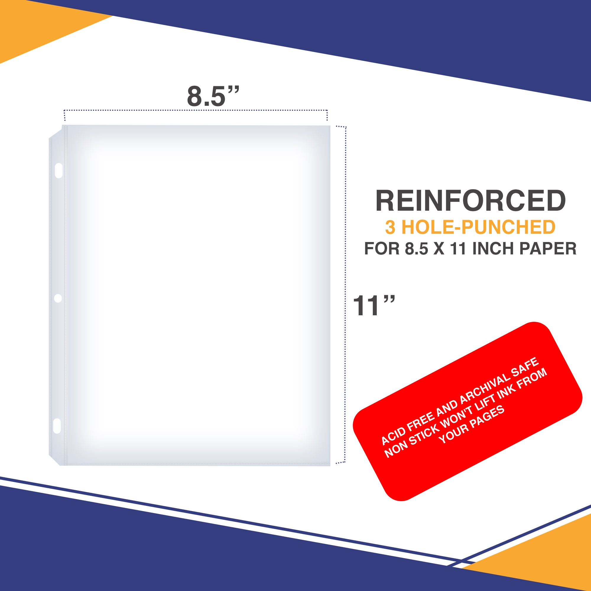 Heavy Duty Clear Sheet Protectors - 50 Pack, Reinforced Holes, 8.5 x 11 Inches, Acid Free/Archival Safe