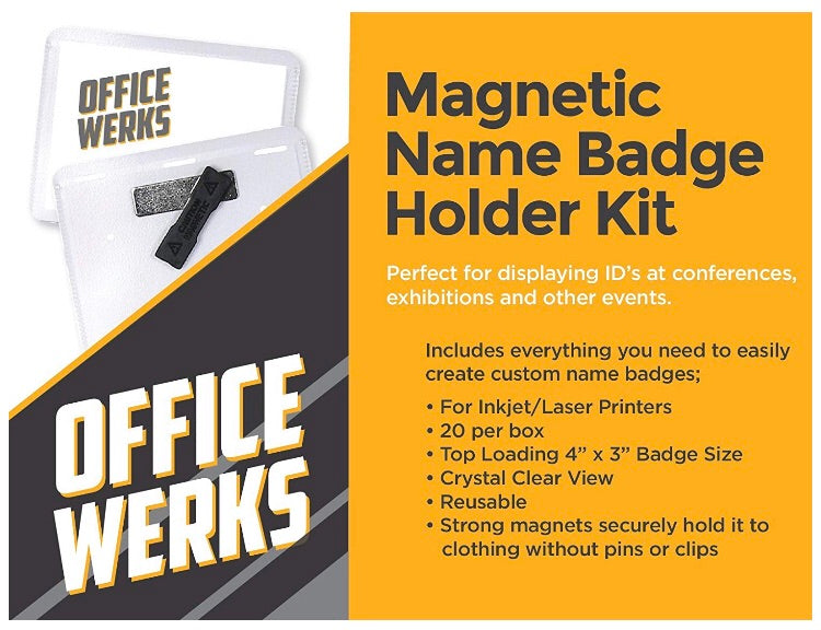 Officewerks Magnetic Name Badge Holder Kit, 4” x 3” Clear Top Loading, 20 Pack - RingBinderDepot.com